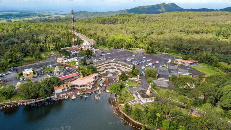 Bird's eye view of aerial view of temple Temple complex for Hindi worshippers of largest Hindu sanctuary outside India at Holy Lake Ganga Talao