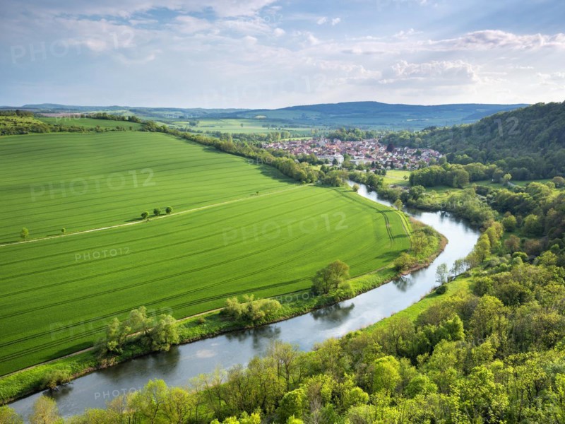 View of the Werra River and the town of Creuzburg in the Werra Valley