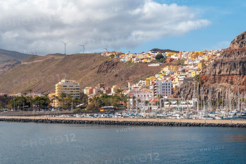 View of the city and the port of San Sebastian de la Gomera seen from the ferry heading to Tenerife. Canary Islands