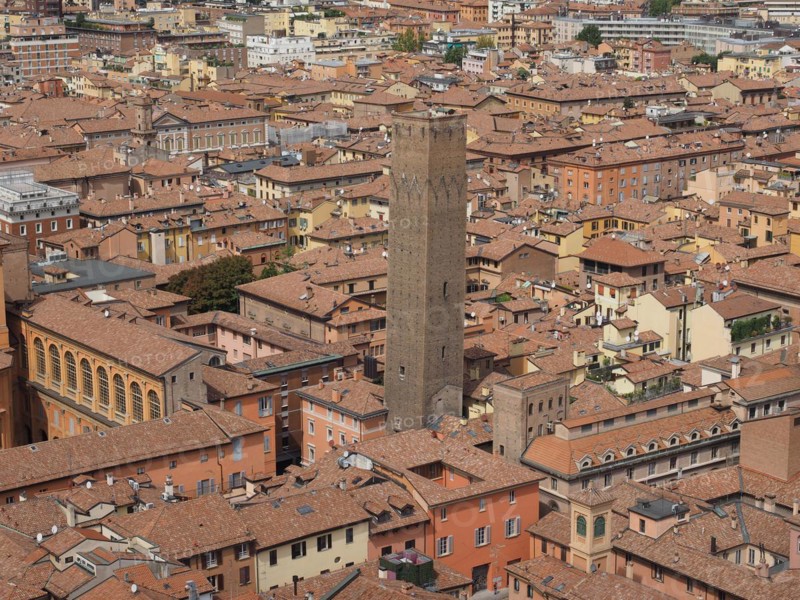 Aerial view of the Torre Prendiparte tower in the city of Bologna