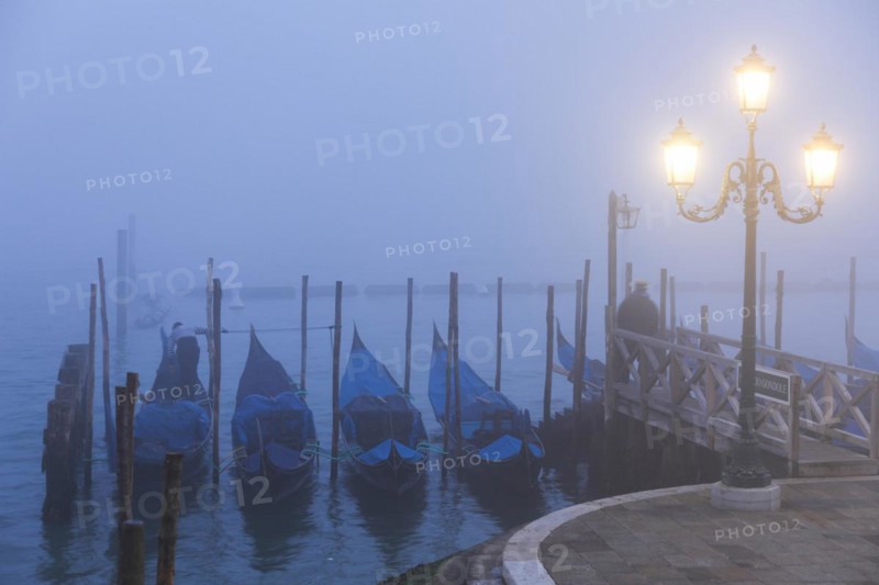 Moored gondolas at the Bacino di San Marco in the fog