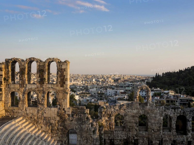 Odeon of Herodes Atticus arches and rows of seats of southern slope of Acropolis in Athens