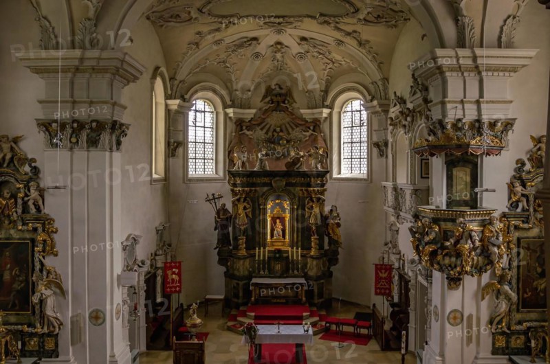 Interior view looking towards the altar of the Baroque pilgrimage and parish church of St. Maria auf dem Rechberg near the district of the same name in Schwaebisch Gmuend