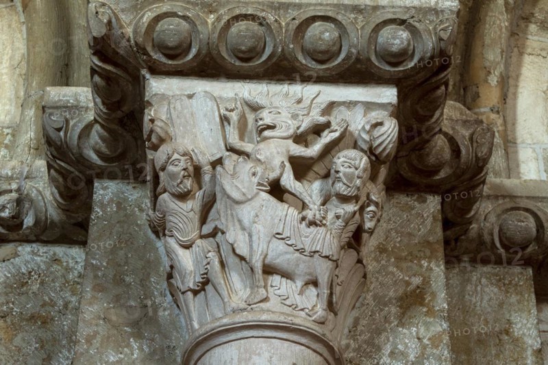 Vezelay labelled les Plus Beaux Villages de France. Sculptures atop the caoitals of Basilica St Mary Magdalene.Unesco World heritage. Morvan regional natural park. Via Lemovicensis way to Santiago de Compostela. Yonne department. Bourgogne Franche Comte. France