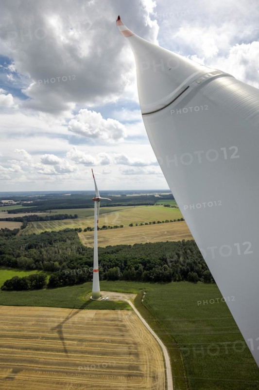 View from a wind turbine next to a field in Luckau