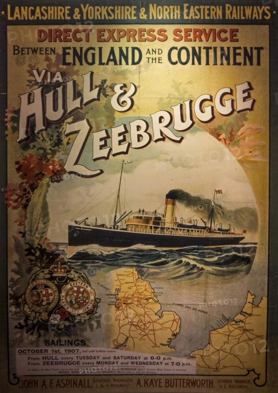 Vintage 1907 poster advertising the Hull Zeebrugge ferry service between England and the continent