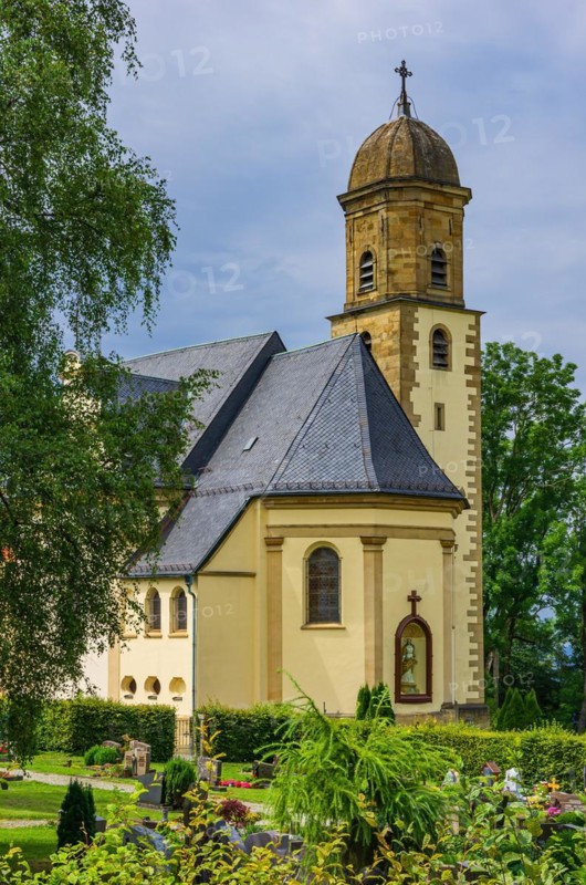 Exterior view of the Baroque pilgrimage and parish church of St. Maria auf dem Rechberg near the district of the same name in Schwaebisch Gmuend