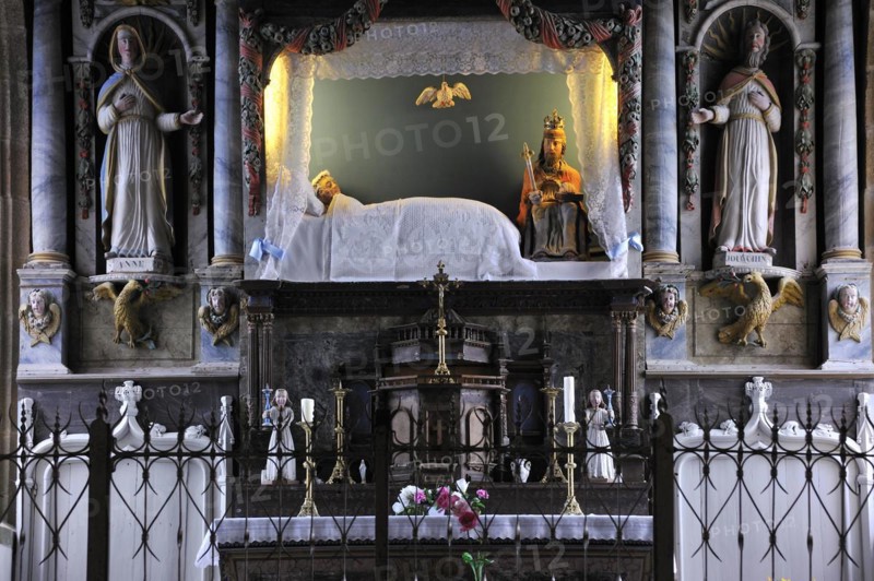 Interior of the chapel chapelle de la Vierge couchee with the sleeping Virgin Mary in bed