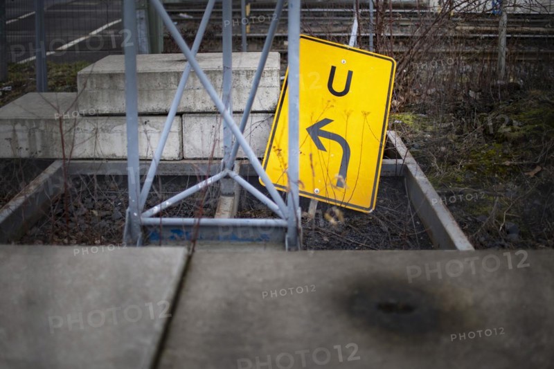 Traffic sign diversions lies on the ground
