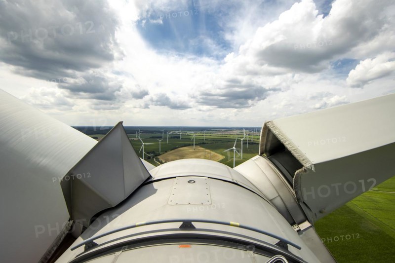 View from a wind turbine onto a wind farm in Luckau