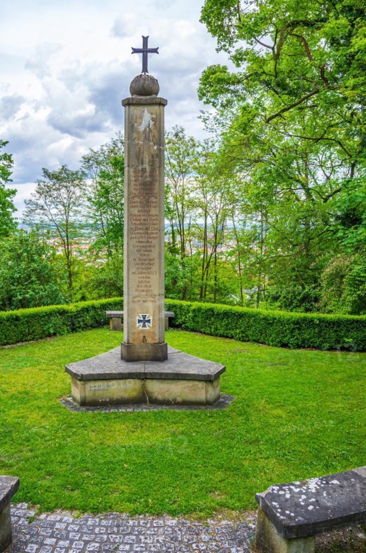 Memorial for the 2nd Wuerttemberg Infantry Regiment No. 120 in front of the stone citadel of the Wilhelmsburg on the Michelsberg