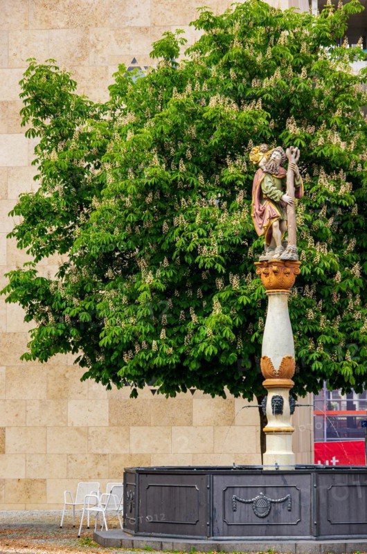 The late Gothic Christophorus Fountain in front of the New Synagogue on the Weinhof