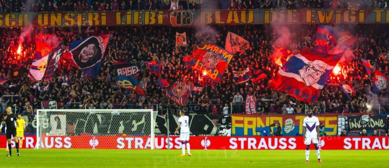The FC Basel fan curve celebrating with pyrotechnics