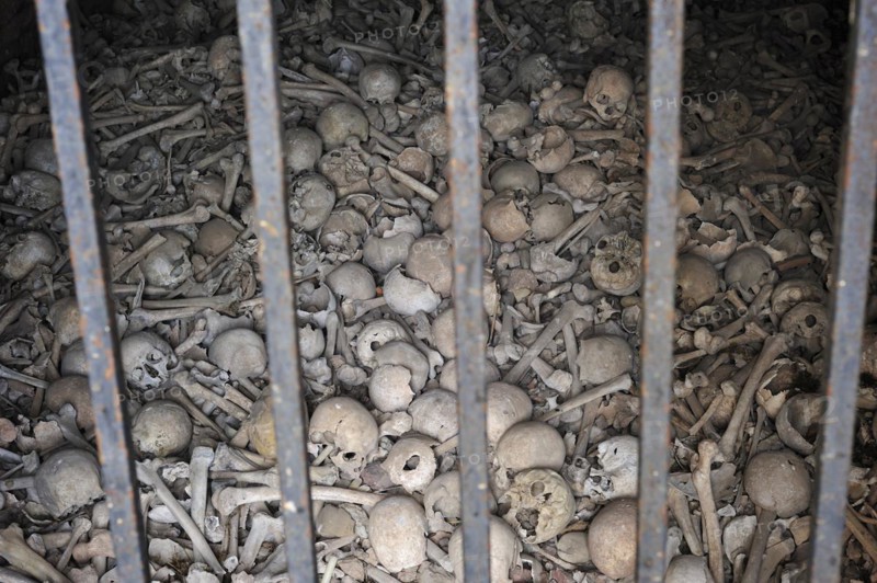 Skulls and bones at the charnel house of the Saint-Sebastien chapel at Dambach-la-Ville