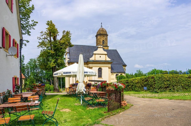 Exterior view of the Baroque pilgrimage and parish church of St. Maria and beer garden of the Haus Rechberg restaurant on the Rechberg near the district of the same name in Schwaebisch Gmuend