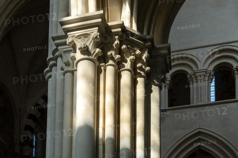Vezelay labelled les Plus Beaux Villages de France. Columns lit by the rays of the sun. Basilica St Mary Magdalene.Unesco World heritage. Morvan regional natural park. Via Lemovicensis way to Santiago de Compostela. Yonne department. Bourgogne Franche Comte. France