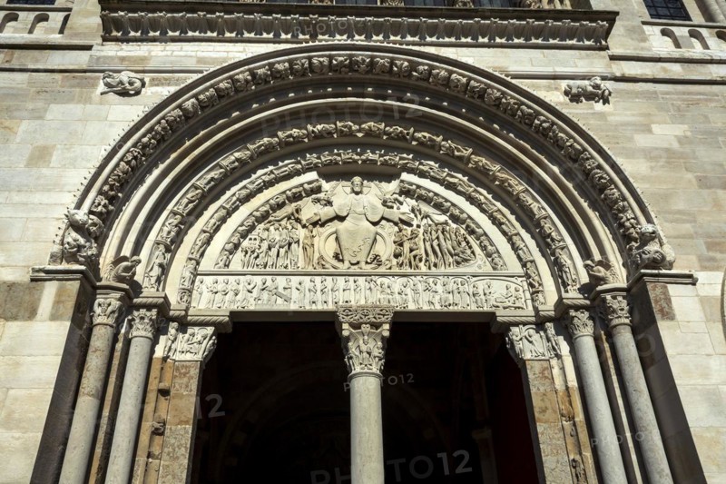 Vezelay labelled les Plus Beaux Villages de France. Morvan regional natural park. The tympanum of Basilica St Mary Magdalene porch