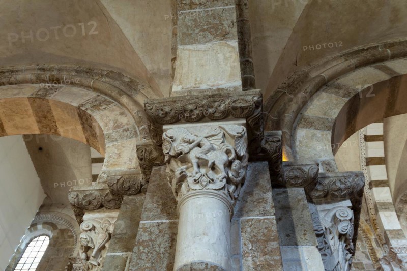 Vezelay labelled les Plus Beaux Villages de France. Sculptures atop the caoitals of Basilica St Mary Magdalene.Unesco World heritage. Morvan regional natural park. Via Lemovicensis way to Santiago de Compostela. Yonne department. Bourgogne Franche Comte. France