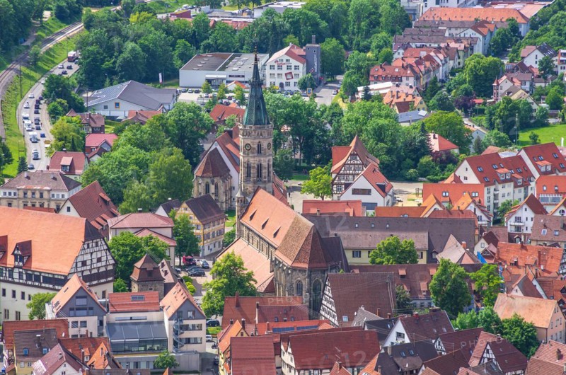View from above over the small town of Bad Urach at the foot of the Swabian Alb
