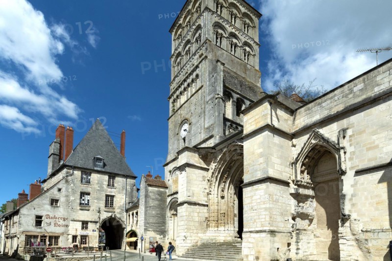 La Charite-sur-Loire. The Sainte-Croix tower-bell and the gothic gates. Nievre department. Bourgogne-Franche-Comte. France