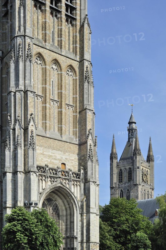 The Saint Martin's Cathedral and Cloth Hall with belfry at Ypres