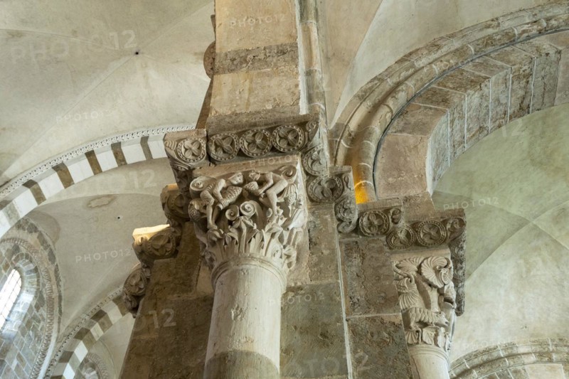 Vezelay labelled les Plus Beaux Villages de France. Sculptures atop the caoitals of Basilica St Mary Magdalene.Unesco World heritage. Morvan regional natural park. Via Lemovicensis way to Santiago de Compostela. Yonne department. Bourgogne Franche Comte. France