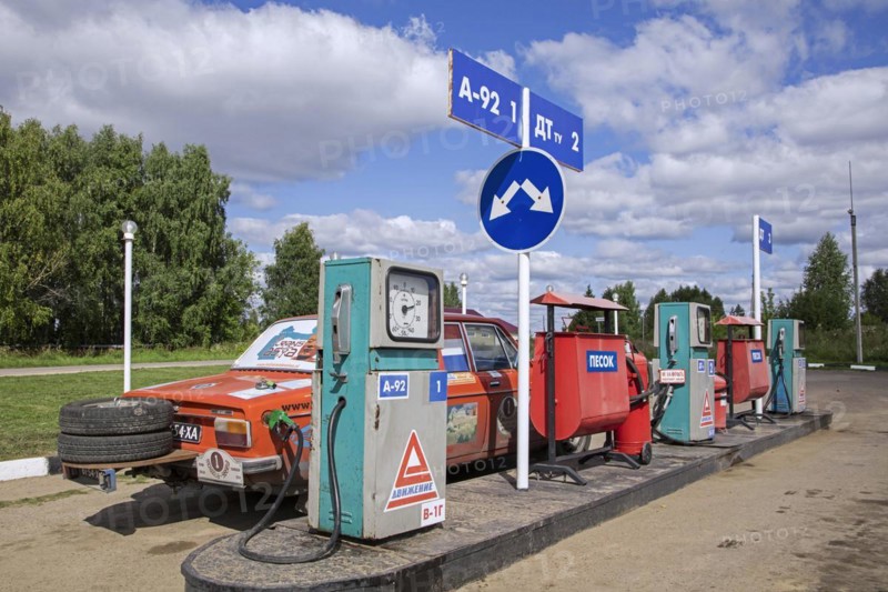 Vintage gas pumps at petrol station on the road from Perm to Kazan