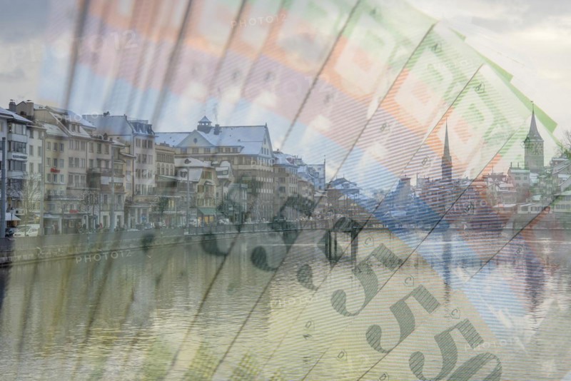 Zurich with the river and Swiss franc banknotes