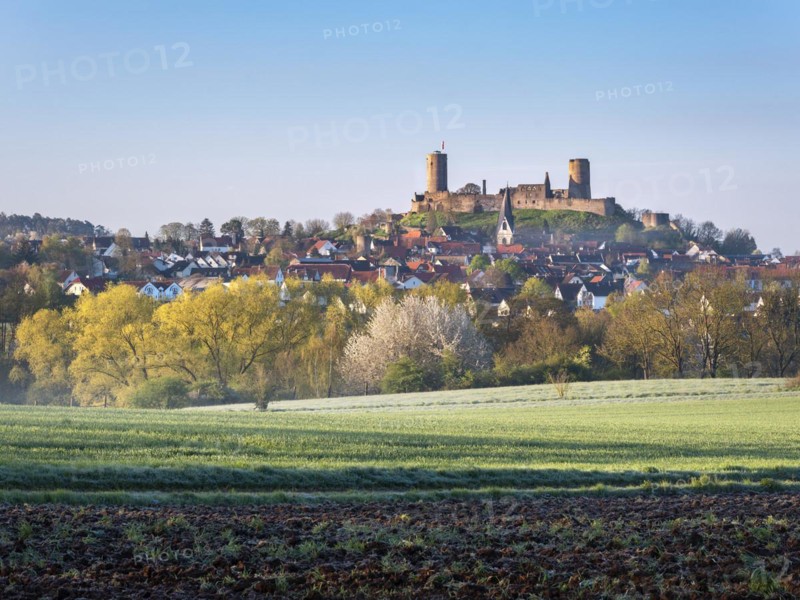 View over fields to the castle and town of Muenzenberg in the Wetterau in spring morning light