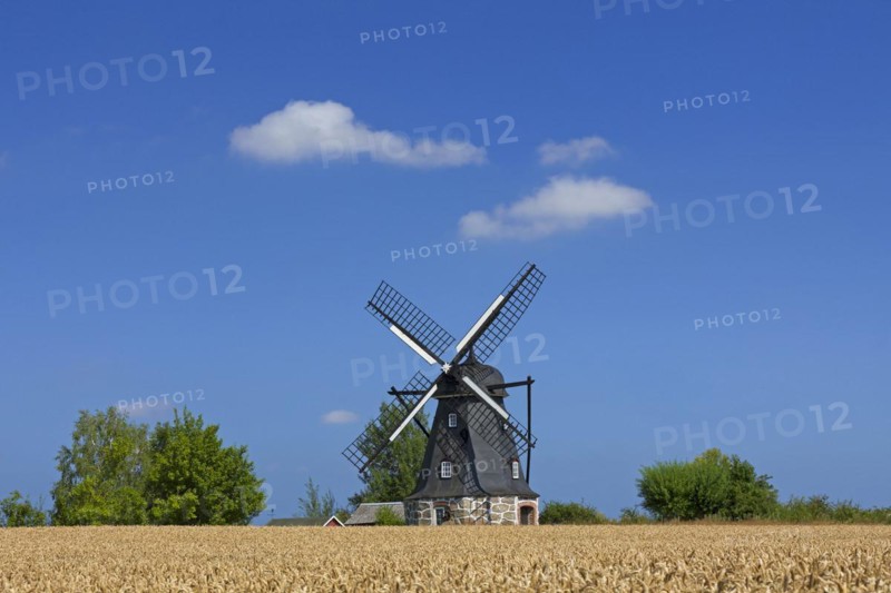 Traditional windmill in wheat field at Vanstad