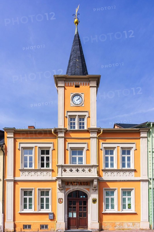 The town hall on the market square of the town of Frauenstein in the Ore Mountains