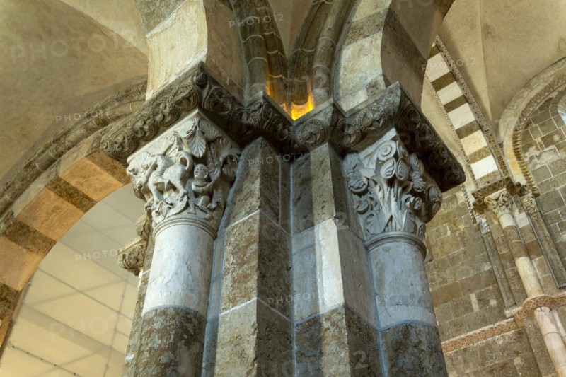 Vezelay labelled les Plus Beaux Villages de France. Sculptures atop the caoitals of Basilica St Mary Magdalene.Unesco World heritage. Morvan regional natural park. Via Lemovicensis way to Santiago de Compostela. Yonne department. Bourgogne Franche Comte. France