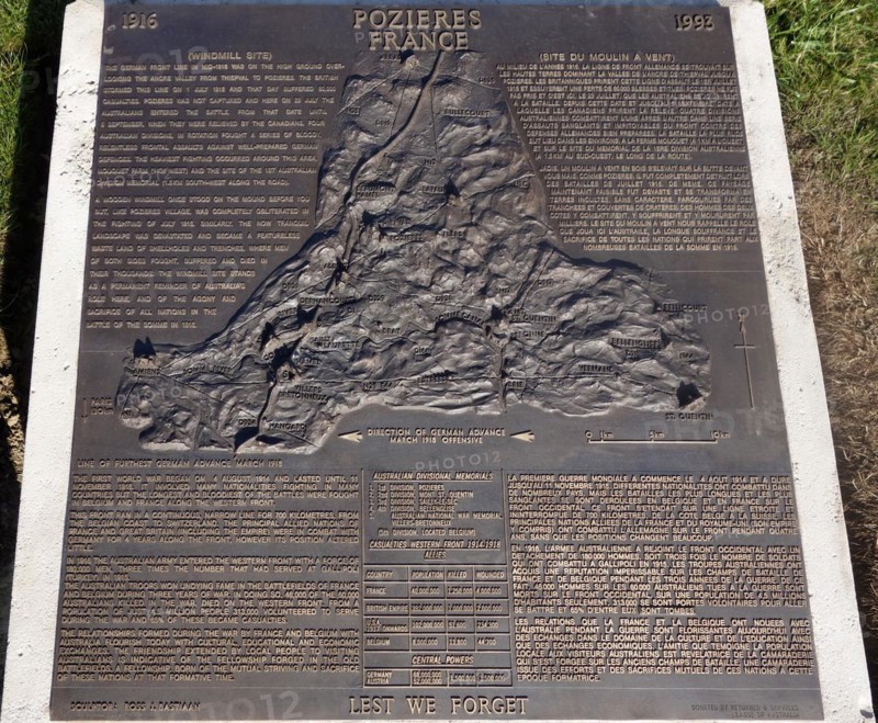 Bronze plaque showing the WWI front at the First World War One Windmill site at the Pozieres Ridge