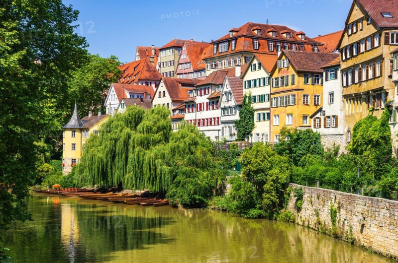 Beautiful view of the historic Neckar front in the old town of Tuebingen