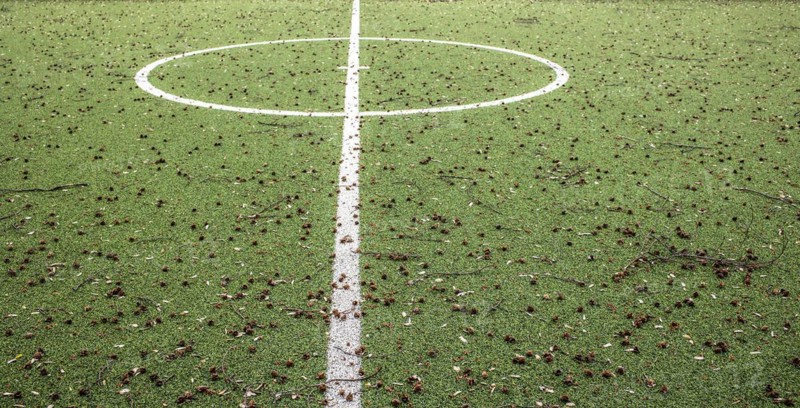 Subject: Lockdown and sports. Sports field strewn with fruits and seeds that cannot be used