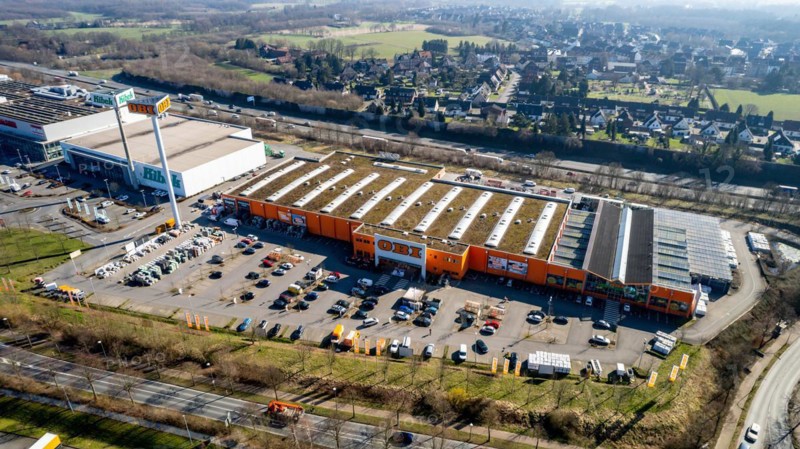 Aerial view. OBI DIY store in the Ortloh industrial estate in Recklinghausen