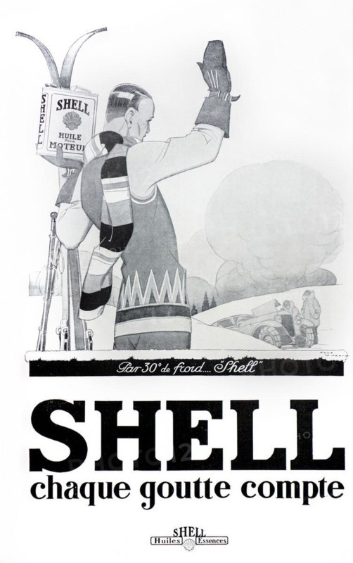 French black-and-white vintage advertisement for Shell oil in magazine