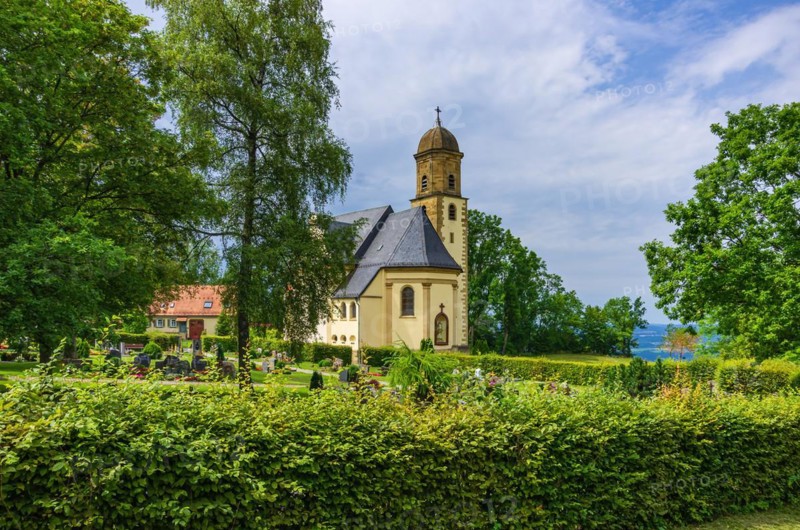 Exterior view of the Baroque pilgrimage and parish church of St. Maria auf dem Rechberg near the district of the same name in Schwaebisch Gmuend