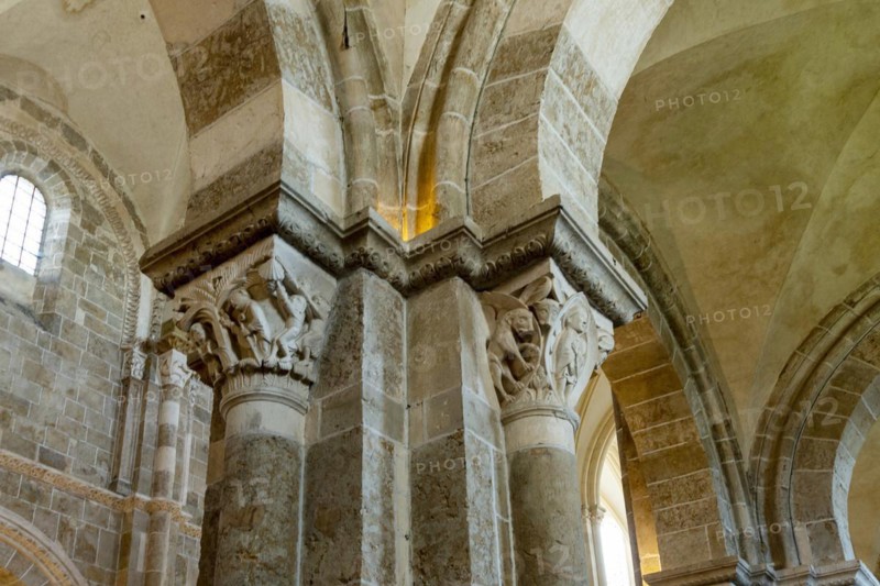 Vezelay labelled les Plus Beaux Villages de France. Sculptures atop the caoitals of Basilica St Mary Magdalene.Unesco World heritage. Morvan regional natural park. Via Lemovicensis way to Santiago de Compostela. Yonne department. Bourgogne Franche Comte. France