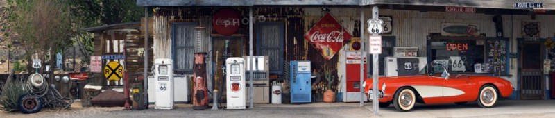 General store along the historic Route 66 with vintage gas pumps
