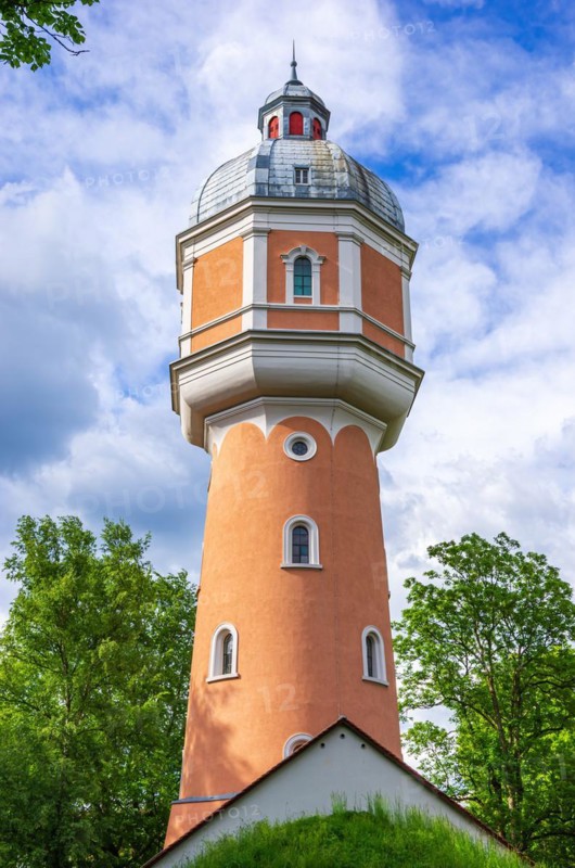 The historic water tower built in neo-baroque style in Kollmanspark and landmark of Neu-Ulm