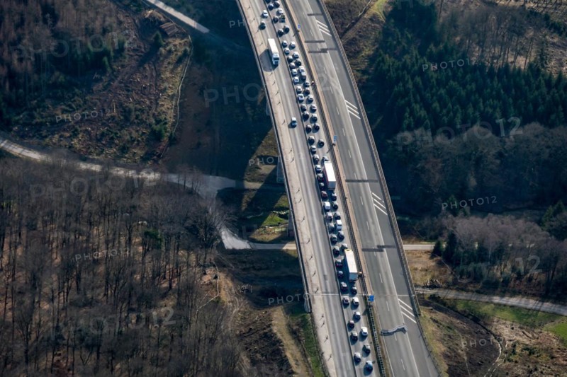 Traffic jam on the section of the BAB 45 just in front of the Rahmede viaduct. The bridge is closed to all traffic due to damage. North Rhine-Westphalia