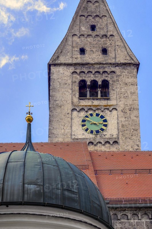 Tower with clock of the parish church of St Martin in Obergünzburg
