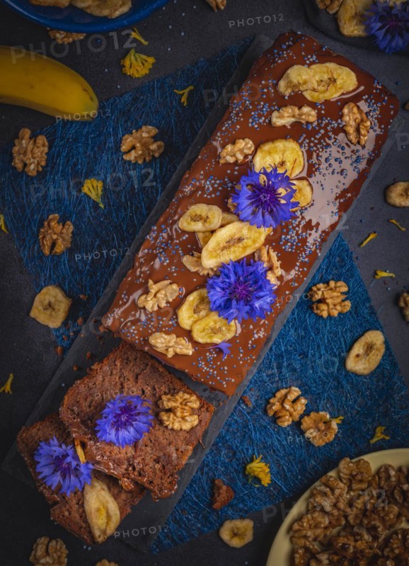 Cut banana bread with chocolate