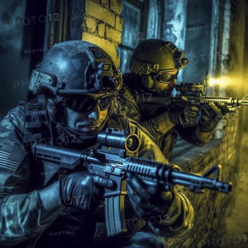 Soldiers with full combat gear in urban combat
