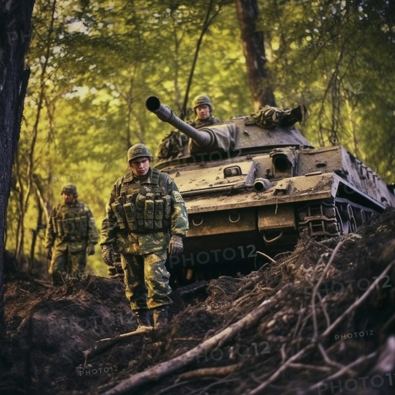 Soldiers with full battle gear and tanks in the battlefield