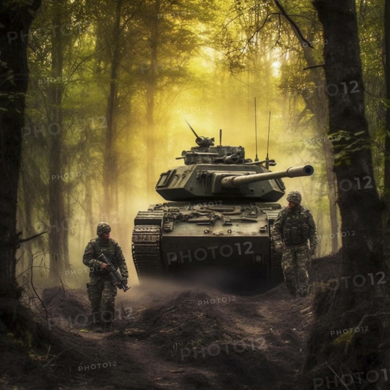 Soldiers with full battle gear and tanks in the battlefield