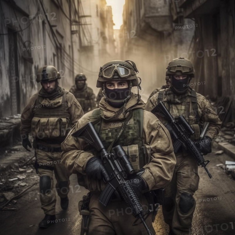 Soldiers with full combat gear in the battlefield