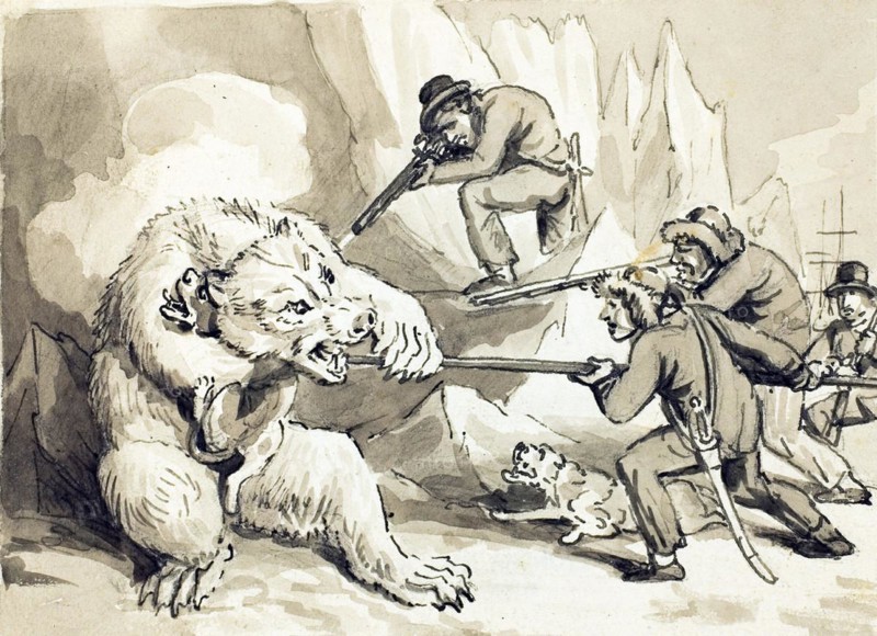 Seamen in the whale fishery shooting a polar bear