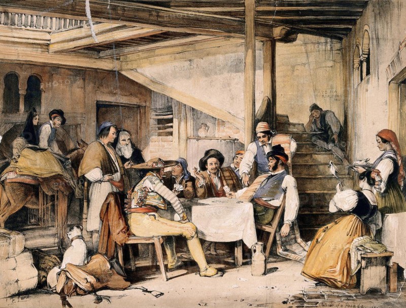 The interior of a posada with men smoking and playing cards while others and a mule rest nearby